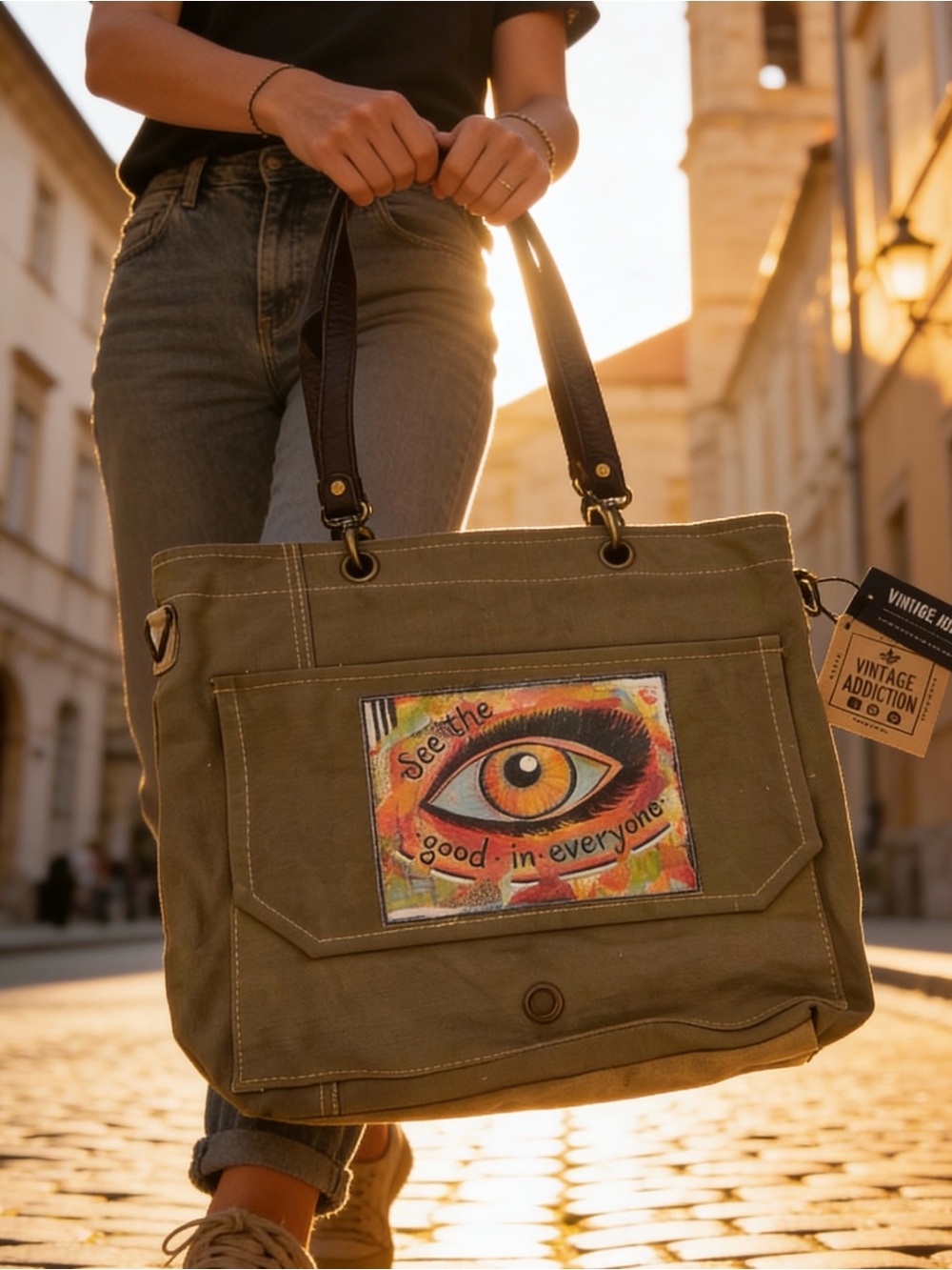 Vintage khaki canvas bag with black and tan tags